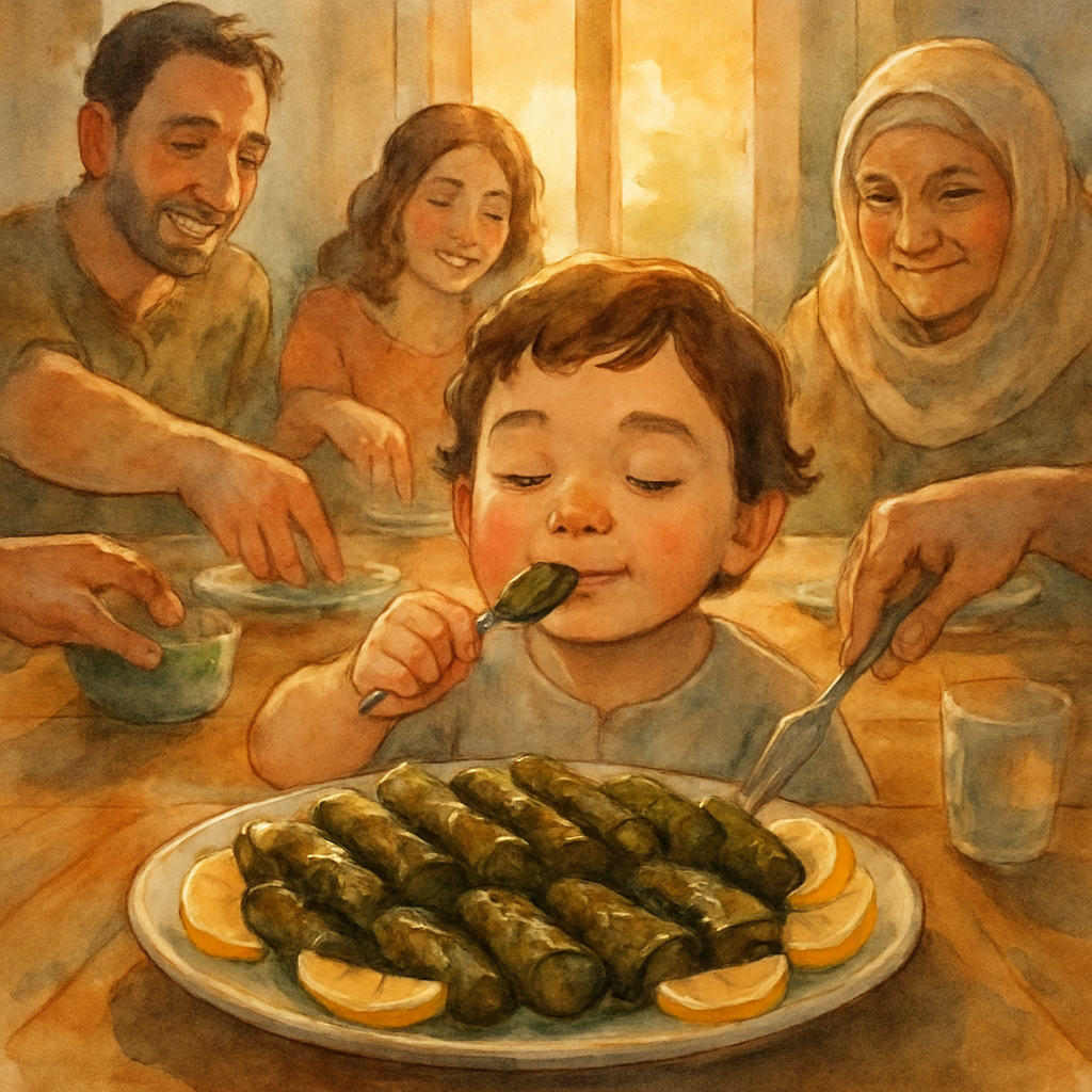 The whole family at the dinner table from the child's point of view — a large platter of stuffed grape leaves in the middle, lemon wedges around the edge. The child is taking the first bite, eyes half