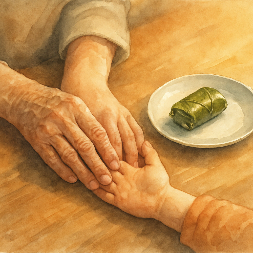 A simple, tender final image: the grandmother's older hand and the child's younger hand resting together on the wooden kitchen table, fingers slightly intertwined. A single stuffed grape leaf sits on 