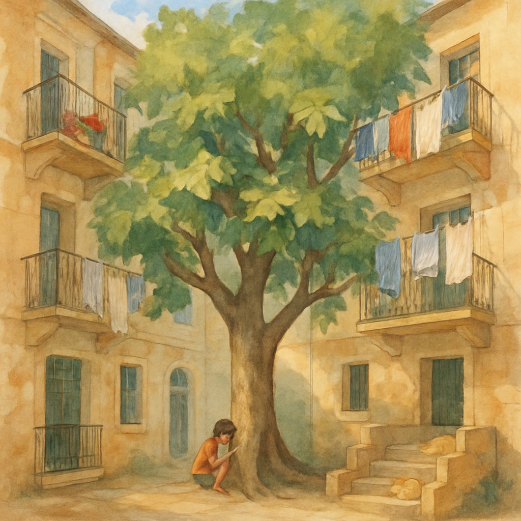 A wide watercolor scene of a Levantine apartment-building courtyard, walls of pale stone and warm cream, balconies with iron railings and hanging laundry. In the center grows a huge old fig tree, its 