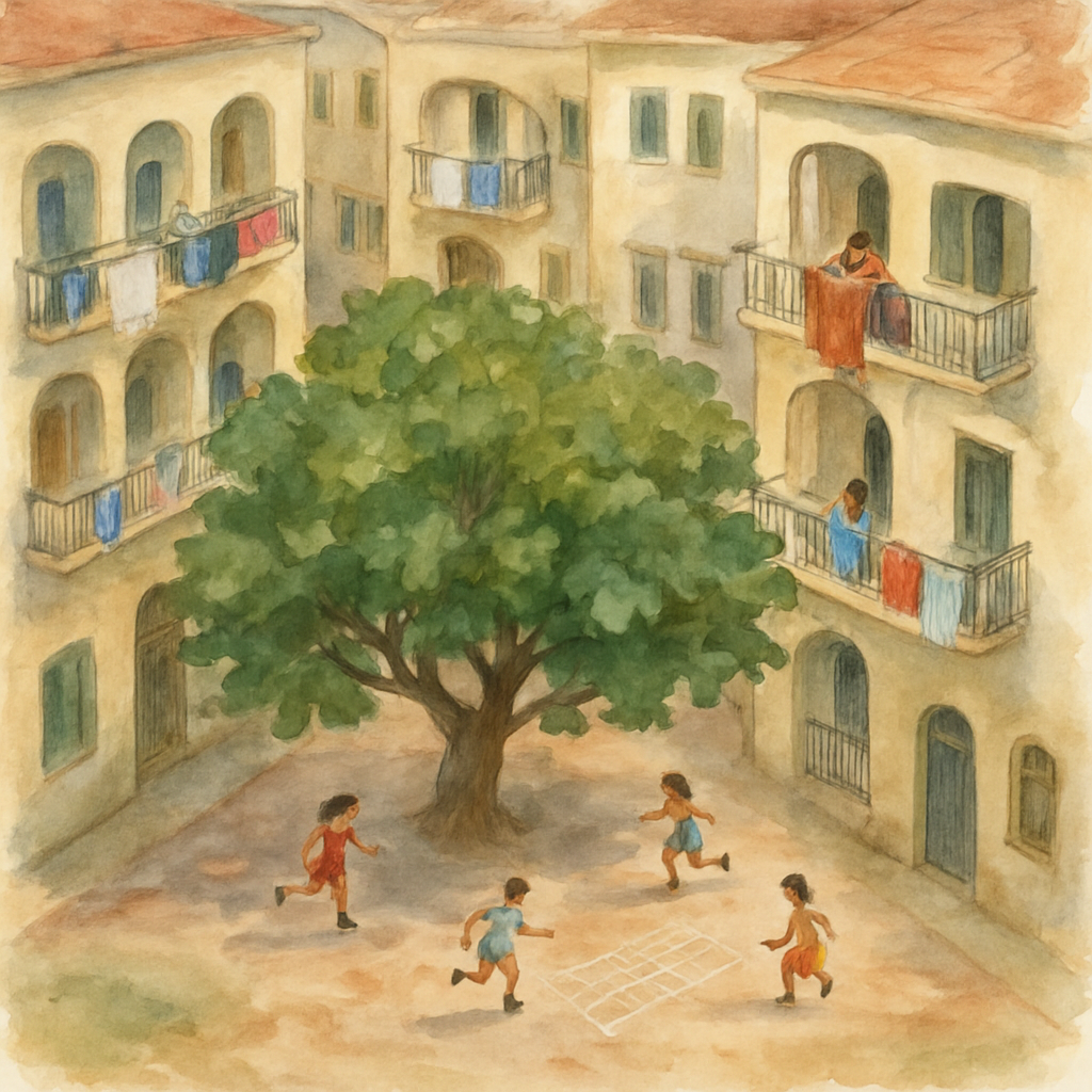A bird's-eye view of an apartment courtyard surrounded by four cream-colored Levantine buildings. In the center, a magnificent old fig tree with a wide canopy of broad green leaves. Children playing t