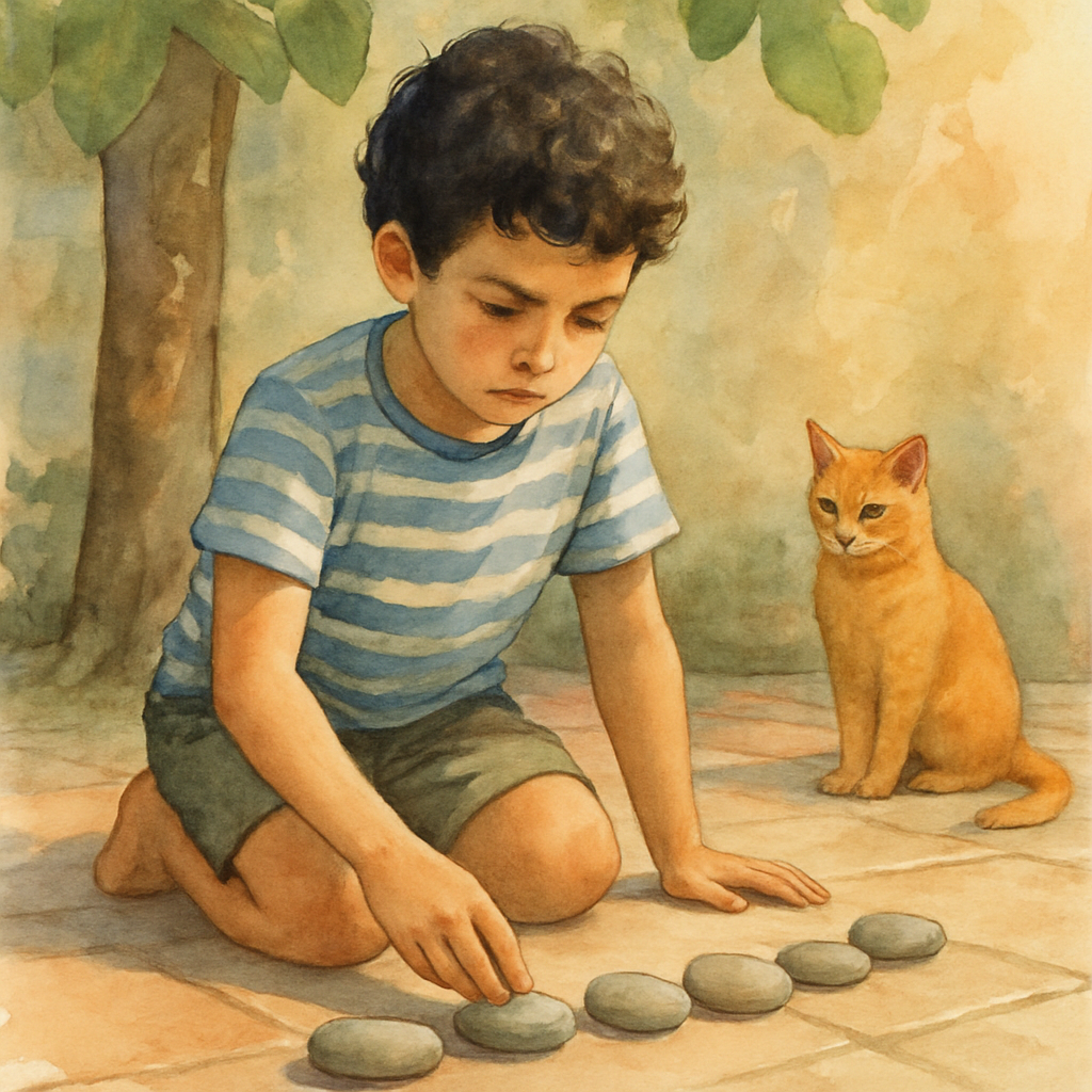 A boy of about ten with dark curly hair and a striped t-shirt, kneeling on the courtyard tiles, lining up smooth stones in a row. His face is concentrated and serious — the look of a child who knows h