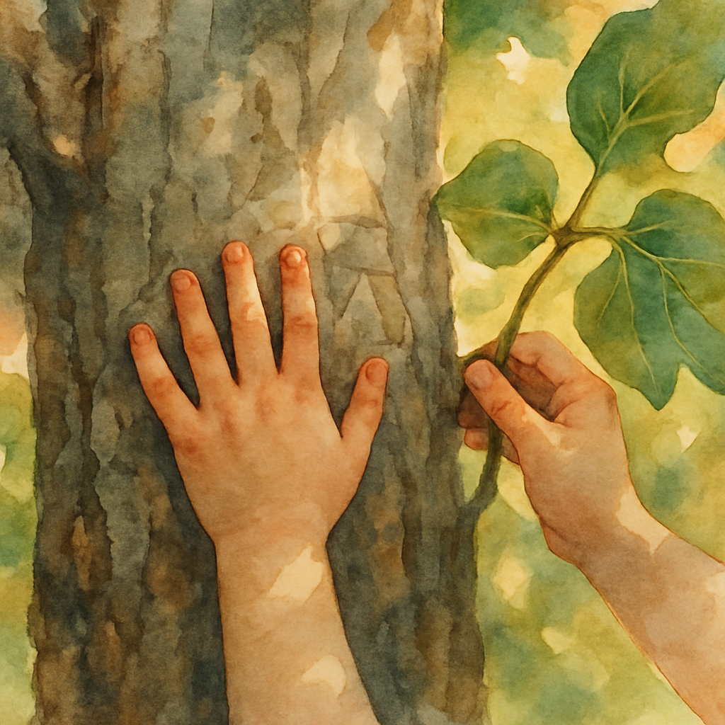 A close-up watercolor of a child's hand pressed against the rough grey-brown bark of an old fig tree. Faint carved lines are visible under the fingers — half-hidden, weathered. The child's other hand 