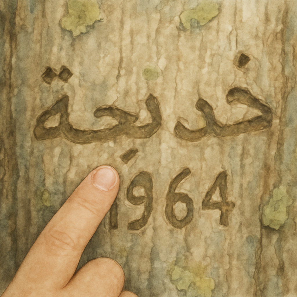 A tighter close-up of weathered fig bark. Carved into it, in old hand-cut Arabic letters partly grown over by the wood: "خَدِيجَة ١٩٦٤". The letters are visible but softened by sixty years of bark gro