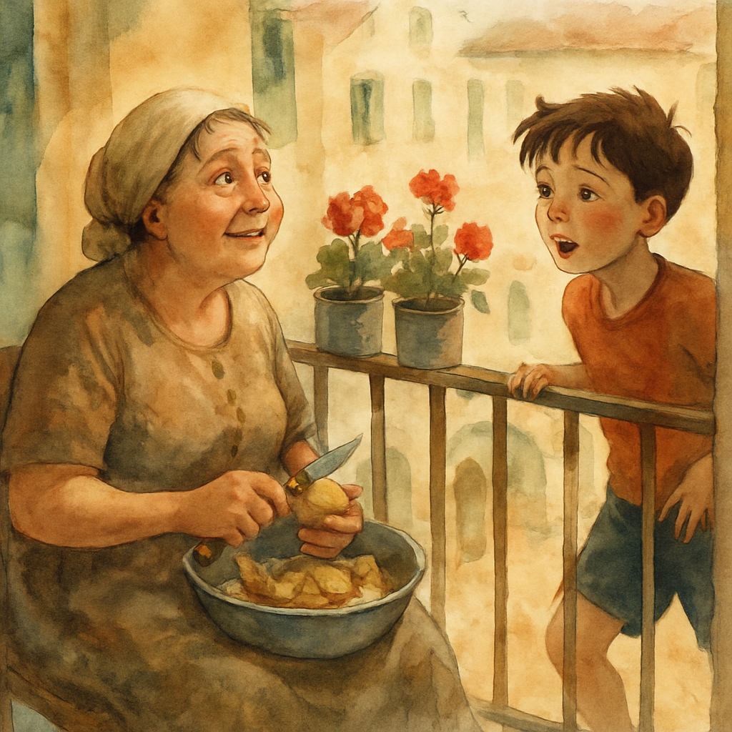 A warm-faced older woman in a soft housedress sitting on a small Levantine balcony, a metal bowl of potato peels in her lap. Her hand has paused mid-peel. She is looking up with surprise and tendernes
