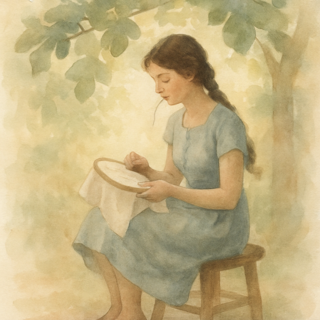 A soft, memory-toned watercolor — slightly faded, slightly dreamlike. A woman from the 1960s in a simple cotton dress, hair in a loose braid, sitting on a low wooden stool beneath the fig tree, embroi
