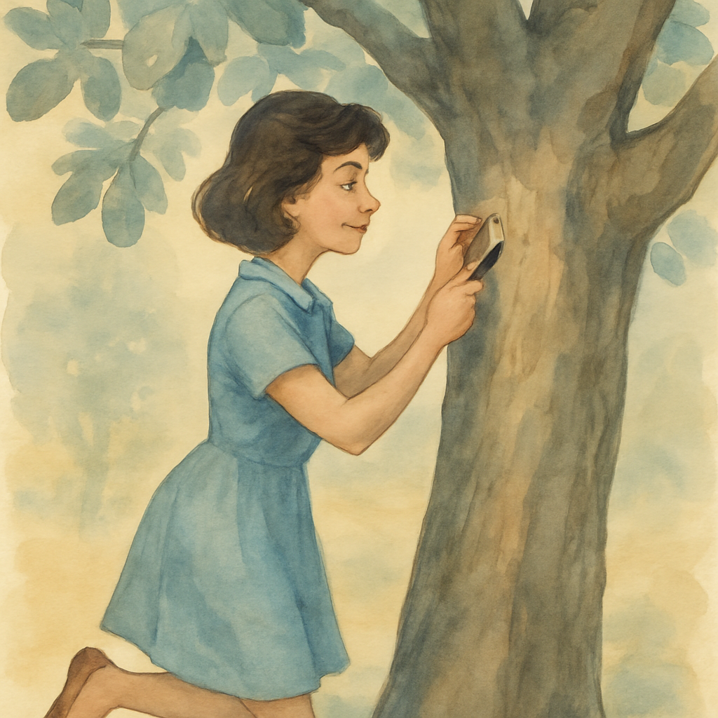 A memory scene: the same young woman from the previous page, now standing on her toes beside the fig tree, carefully carving letters into the bark with a small pocket knife. Her expression is concentr