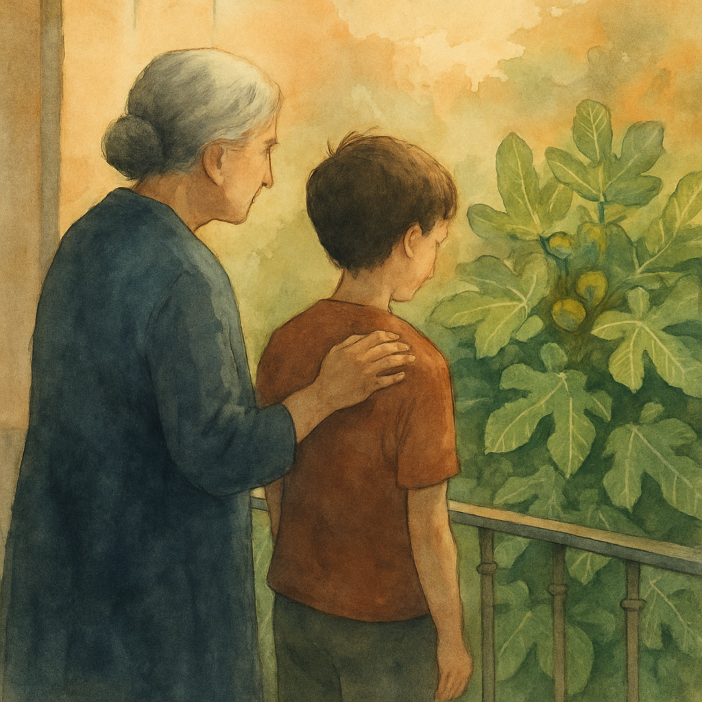 Teta and the boy on the balcony, both looking out at the fig tree below. Teta's hand rests gently on the boy's shoulder. Neither is smiling — it's a quiet, thoughtful moment. The fig tree below is ren