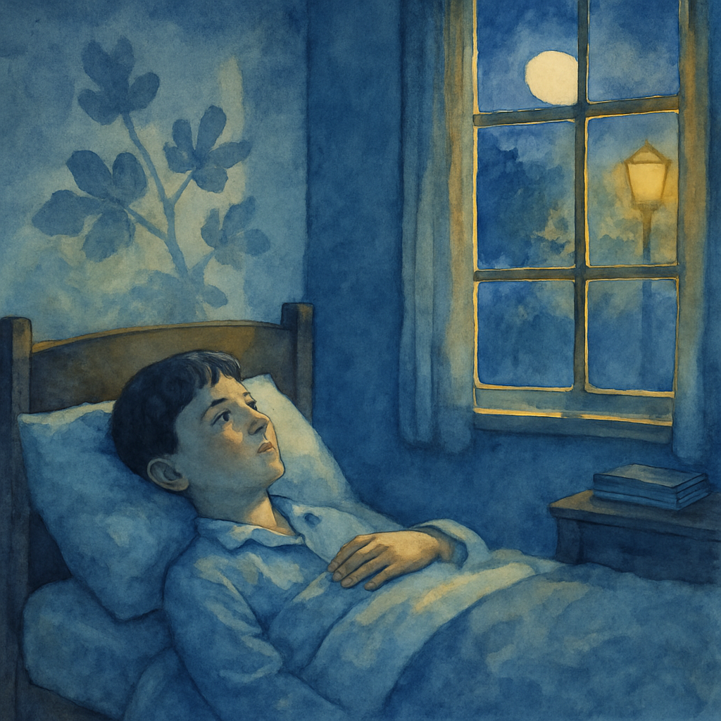 The boy lying in bed in a small bedroom, eyes open, looking at the ceiling. Moonlight comes through a window. On the wall behind his bed, a faint shadow of fig leaves dances. He has one hand resting o