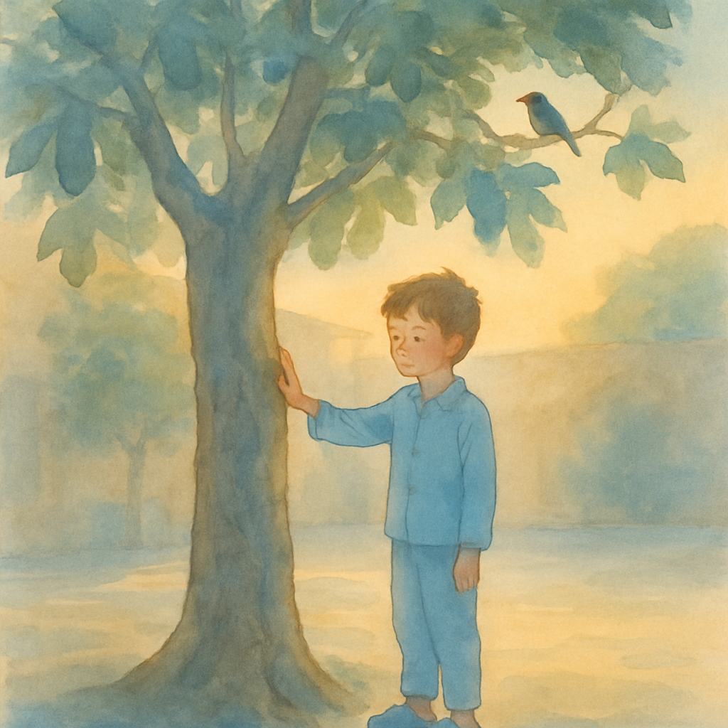 Early morning light, blue and pale gold. The boy stands alone beside the fig tree in his pajamas and slippers, his small hand pressed flat against the bark. His eyes are closed. The courtyard is empty