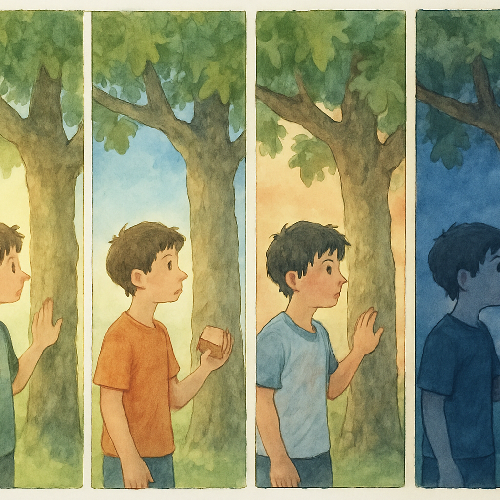 A four-panel sequence in a single watercolor frame, showing the boy at the tree at different times of day: morning with backpack, midday with a sandwich, afternoon sweaty from soccer, evening in the b