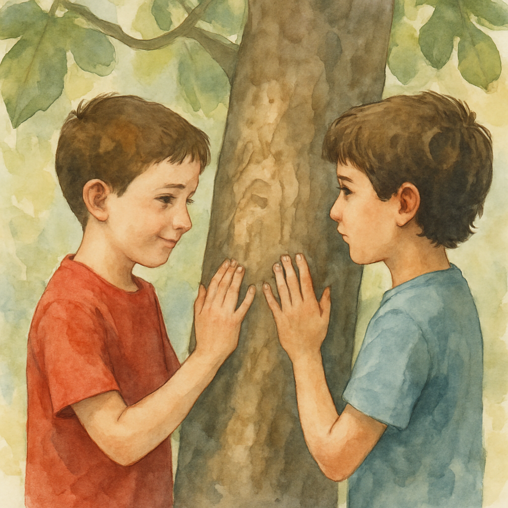 Two boys of similar age standing side by side at the fig tree, both with their hands pressed against the bark. Layth wears a red t-shirt and has slightly shorter hair than Samer. They are not looking 