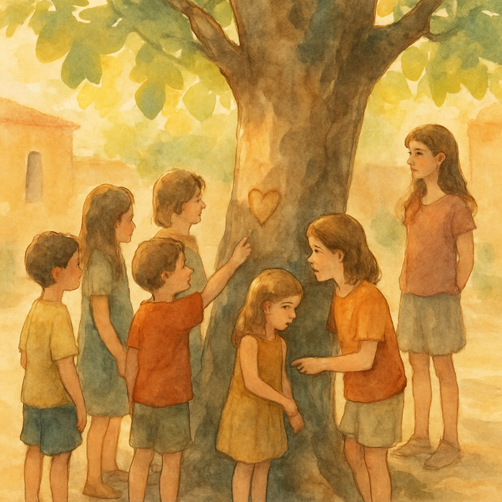A small crowd of six or seven neighborhood children of mixed ages around the fig tree. Some have hands on the bark; one girl is showing a younger child where the carving is; two older kids are simply 