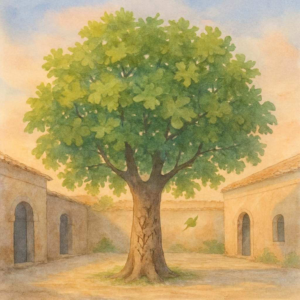 A wide, peaceful final scene. The fig tree at the center of the courtyard, full and green. At its base, the carved name "خَدِيجَة ١٩٦٤" is visible, with a few new small carved hearts and initials arou