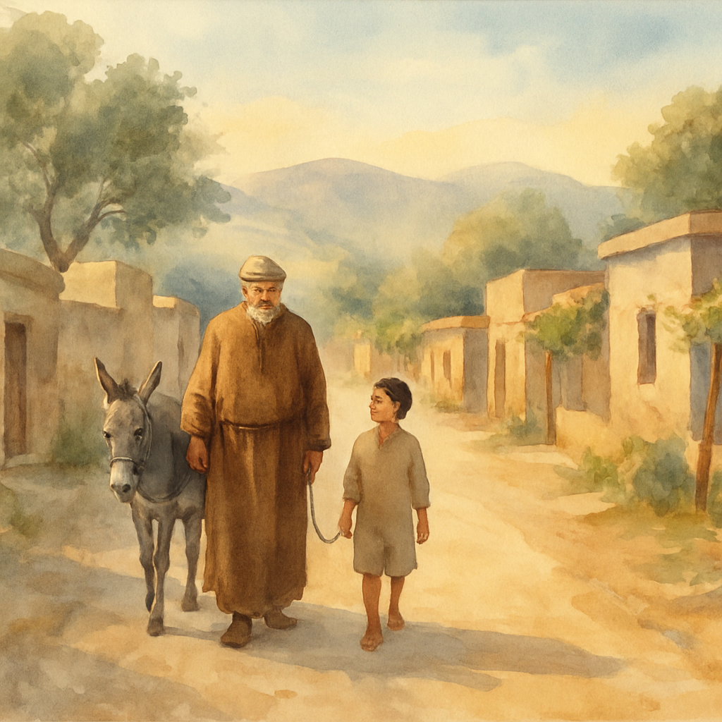 A wide watercolor scene of a dusty village road winding between low stone houses with flat roofs and grapevines. An older man in a simple brown robe and a soft cloth cap walks beside a small grey donk