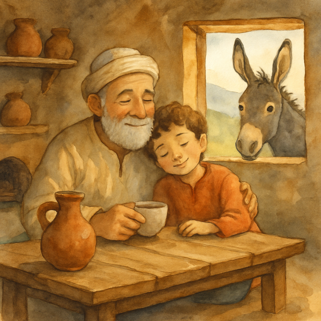 A warm interior scene of a simple village kitchen with a low wooden table, a clay water jug, and a small window looking out at hills. Juha — a kind-faced older man with a soft grey beard — sits drinki