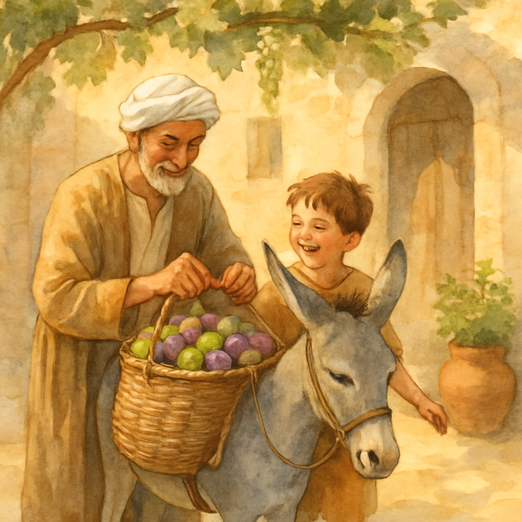 Early morning in a Levantine courtyard. Juha and his son strap a woven basket full of green and purple figs onto the small grey donkey. The boy giggles as the donkey twitches his ear. Stone walls, a g
