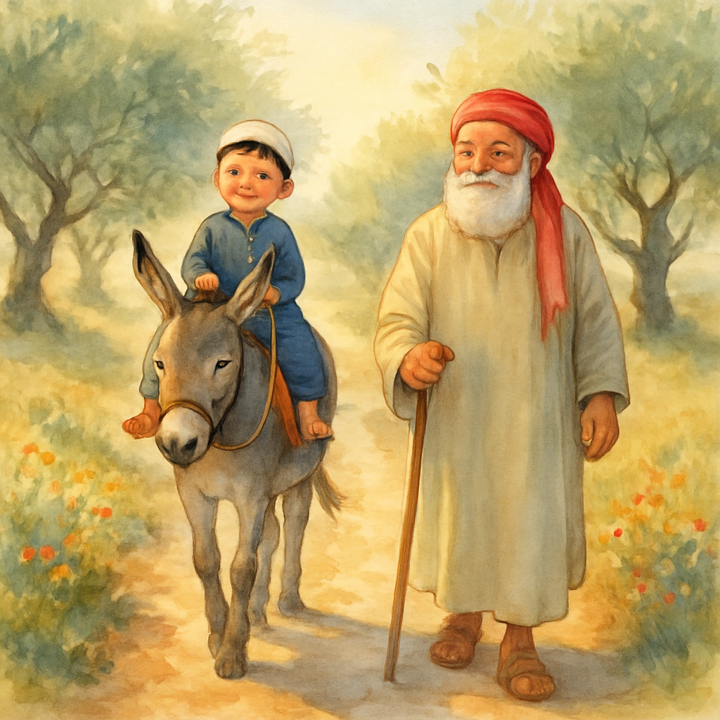 A dirt road between olive groves. The small boy sits proudly on the donkey, gripping a rope. Juha walks beside them with a walking stick, looking content. Wildflowers grow at the edges of the path. Th
