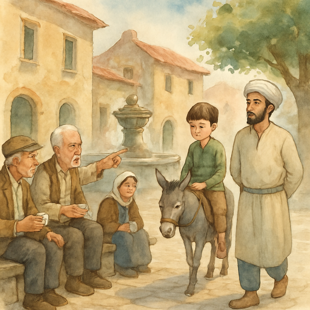 A small village square with stone benches and a fountain. Several villagers in simple clothes sit with tiny coffee cups. One older man with white hair points at the passing trio, his eyebrows raised i