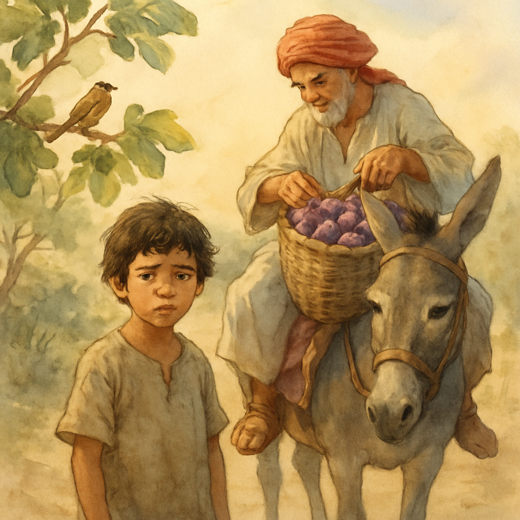 A quiet moment on the path. The boy stands on the dusty ground while Juha settles onto the donkey's back, adjusting the basket of figs. The boy looks a little sad but determined. A small bird watches 