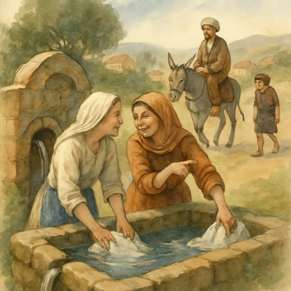 A village spring with a stone basin. Two women in long simple dresses and headscarves wash clothes in the cool water. One of them turns to whisper to the other, half-laughing, pointing toward the road