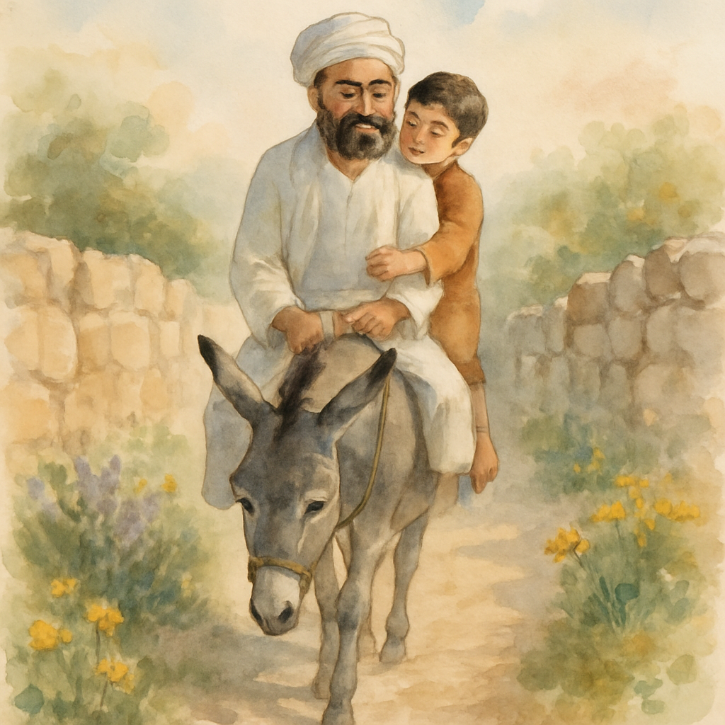 The donkey walks along a dirt path between low stone walls. Juha sits in front, the boy behind him with his arms wrapped around his father's waist. The donkey's head is lowered slightly, ears flicking