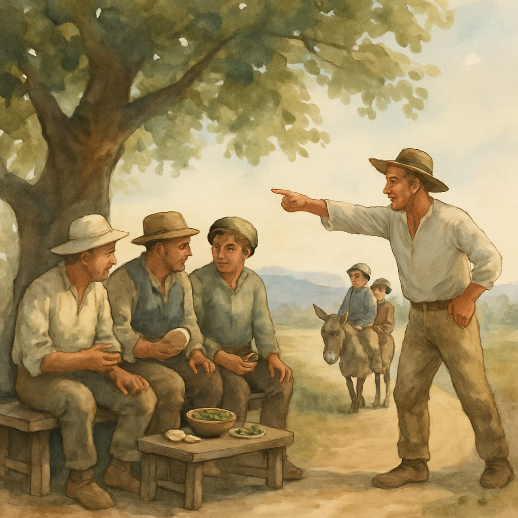 Under a large walnut tree, three or four farmers in work clothes sit on a rough wooden bench, eating bread and olives. One of them stands and gestures angrily toward the road. The donkey on the path l