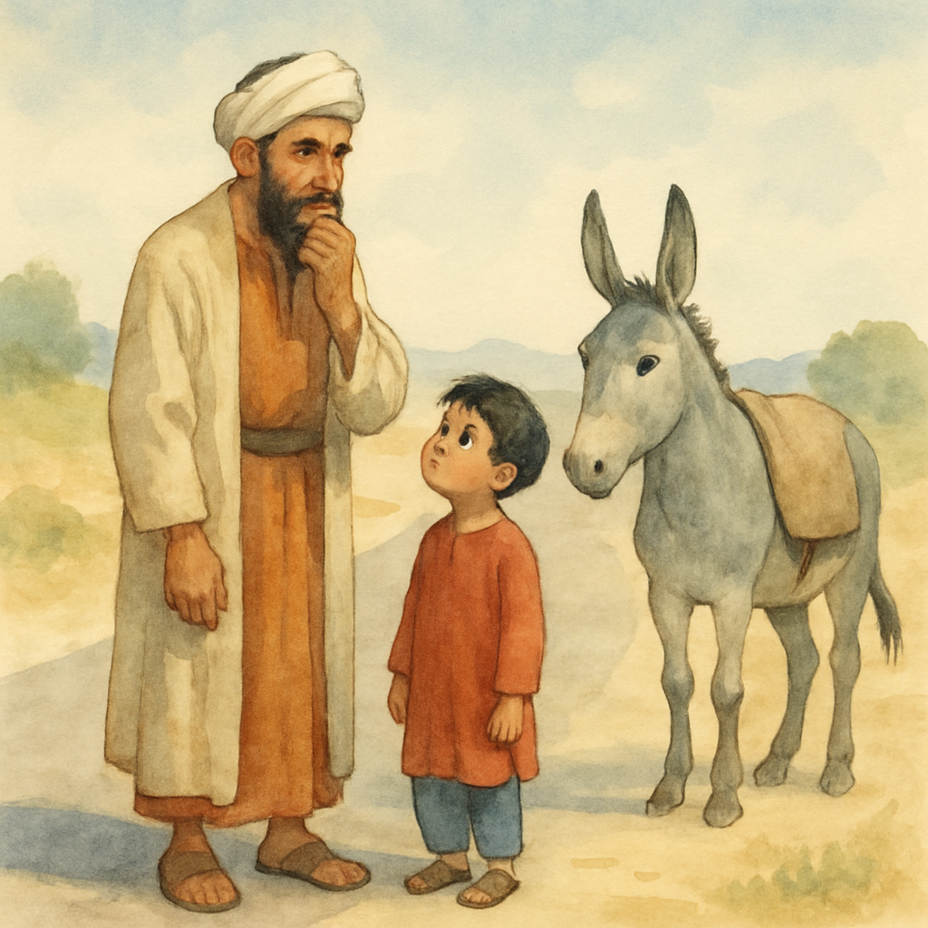 A simple, quiet moment on an empty stretch of road. Father and son stand facing each other beside the donkey. The boy looks up with big questioning eyes. Juha has one hand on his beard, thinking. The 