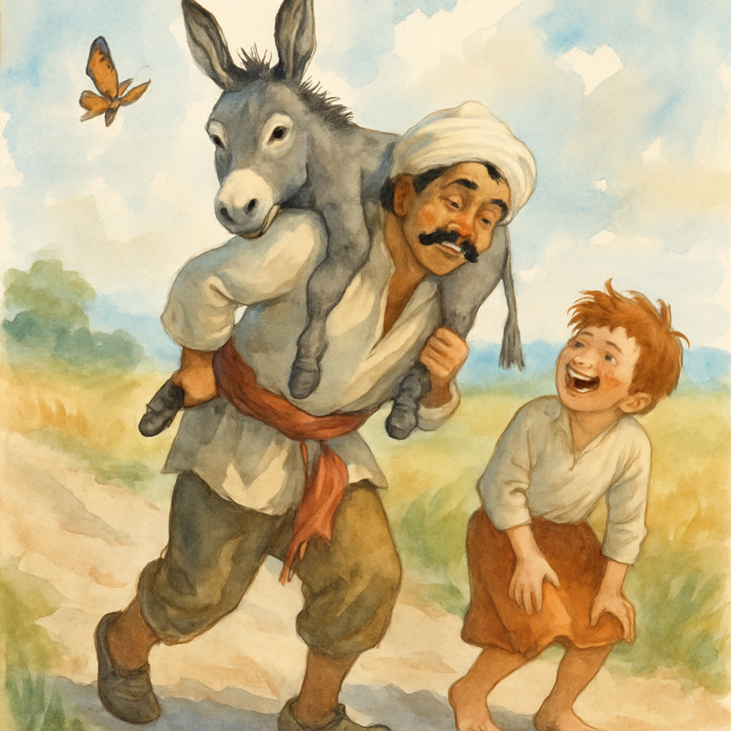 A funny, gentle scene: Juha staggers a little on the road carrying a small grey donkey across his shoulders. The donkey looks startled but not unhappy, his ears sticking up comically. The boy doubles 