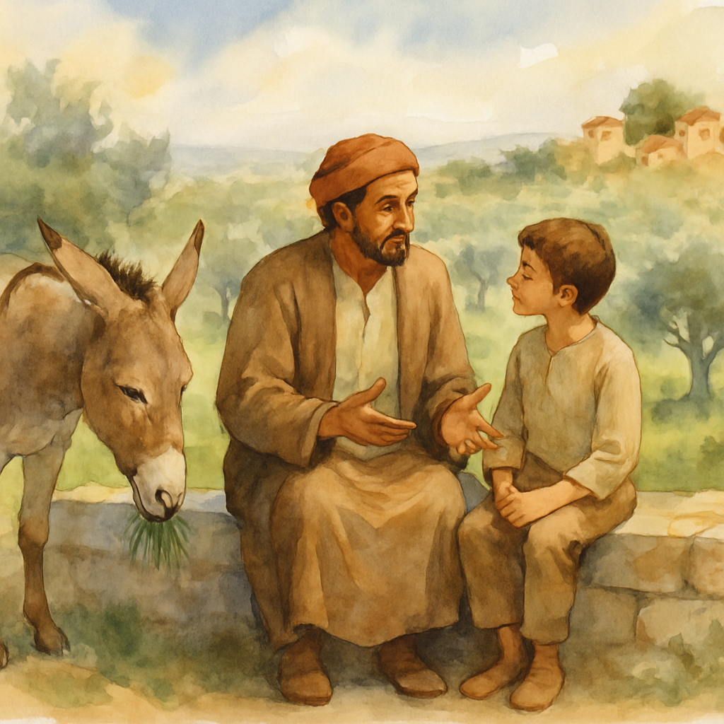 Father and son sit on a low stone wall at the edge of the village. The donkey stands quietly beside them, nibbling a tuft of grass. Juha gestures gently with his hands as he speaks. The boy listens ca