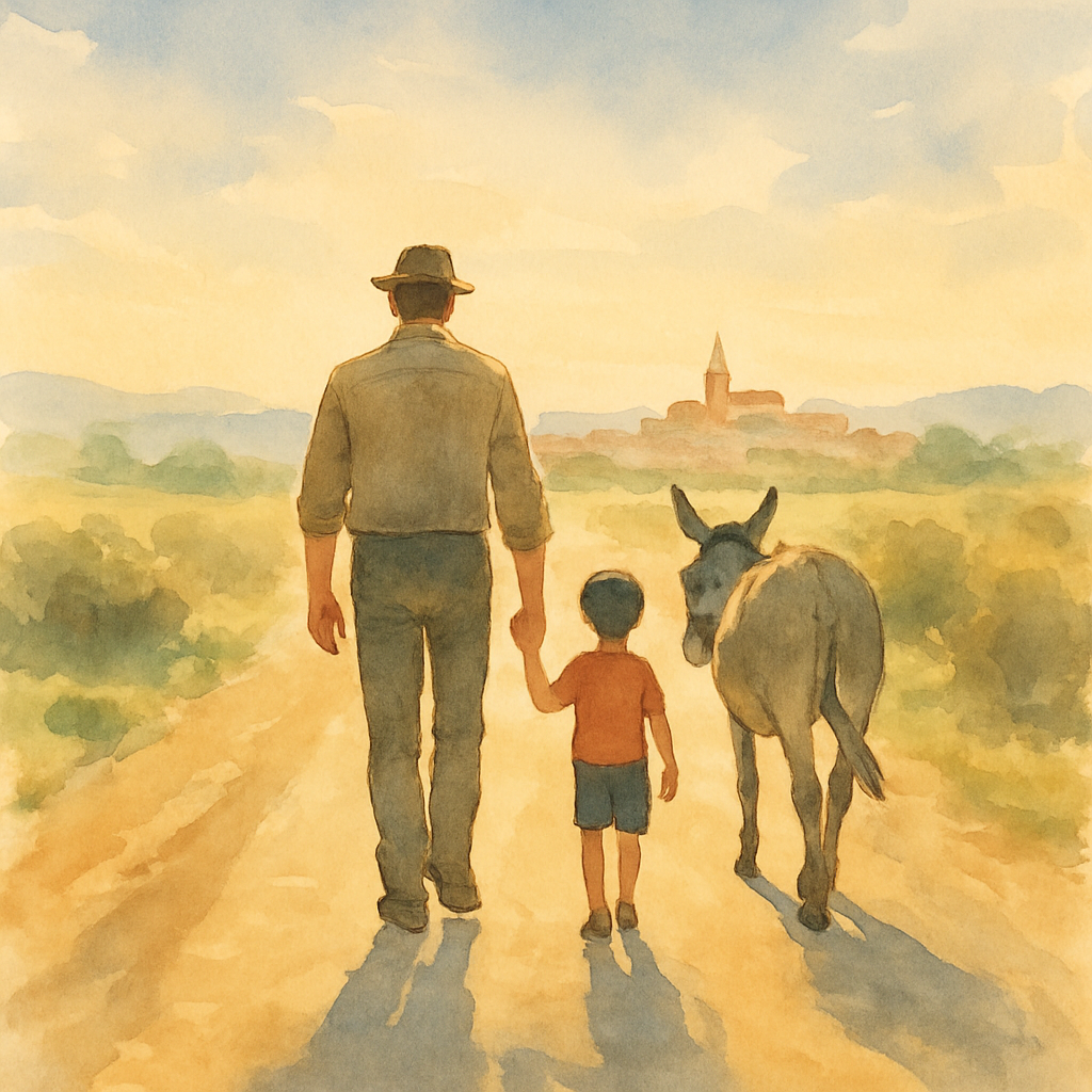 A wide, peaceful view from behind: Juha, the boy, and the donkey walking together down a sunlit road toward a distant town. The boy holds his father's hand. Long shadows stretch behind them. The sky i