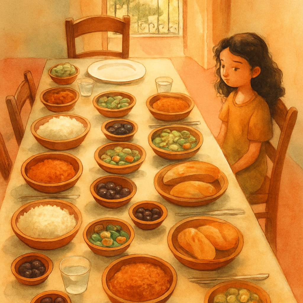 A soft watercolor illustration of a long family lunch table seen from above, set for many people. Bowls of rice, lentils, cucumber salad, bread, and small dishes of olives crowd the table. At the head