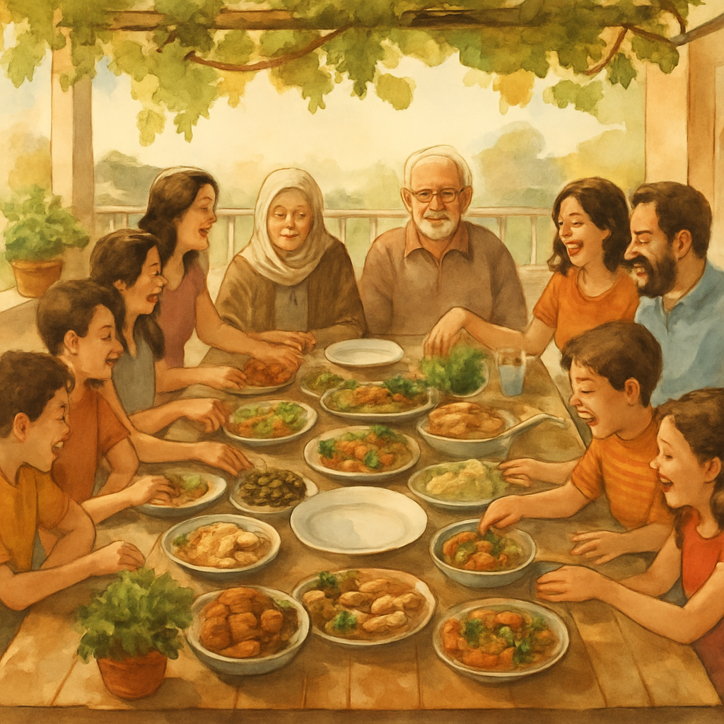 A wide shot of a Levantine family Sunday lunch — fifteen people around a long wooden table on a sun-warmed balcony, with potted basil and a grapevine overhead. The food fills the center of the table. 