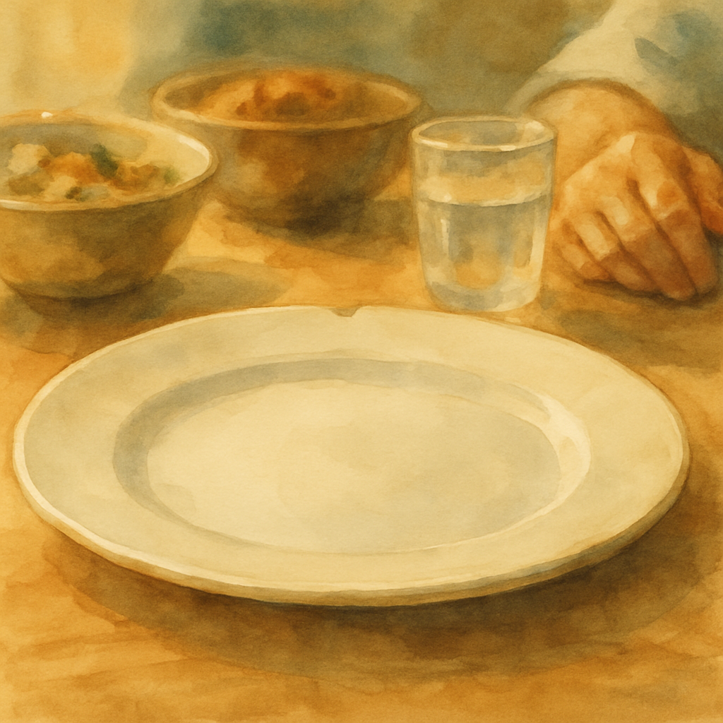 A close-up of the empty white plate on the table from a child's eye-level view. Around it, slightly out of focus, are bowls of food, a glass of water, and the edge of Teta's hand resting near it. The 