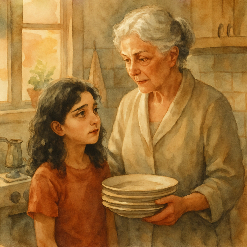 Sara, a 12-year-old girl with dark wavy hair, standing close to Teta in a warm Levantine kitchen. Teta — silver-haired, wearing a soft housecoat — holds a stack of plates but has paused mid-motion. Sh