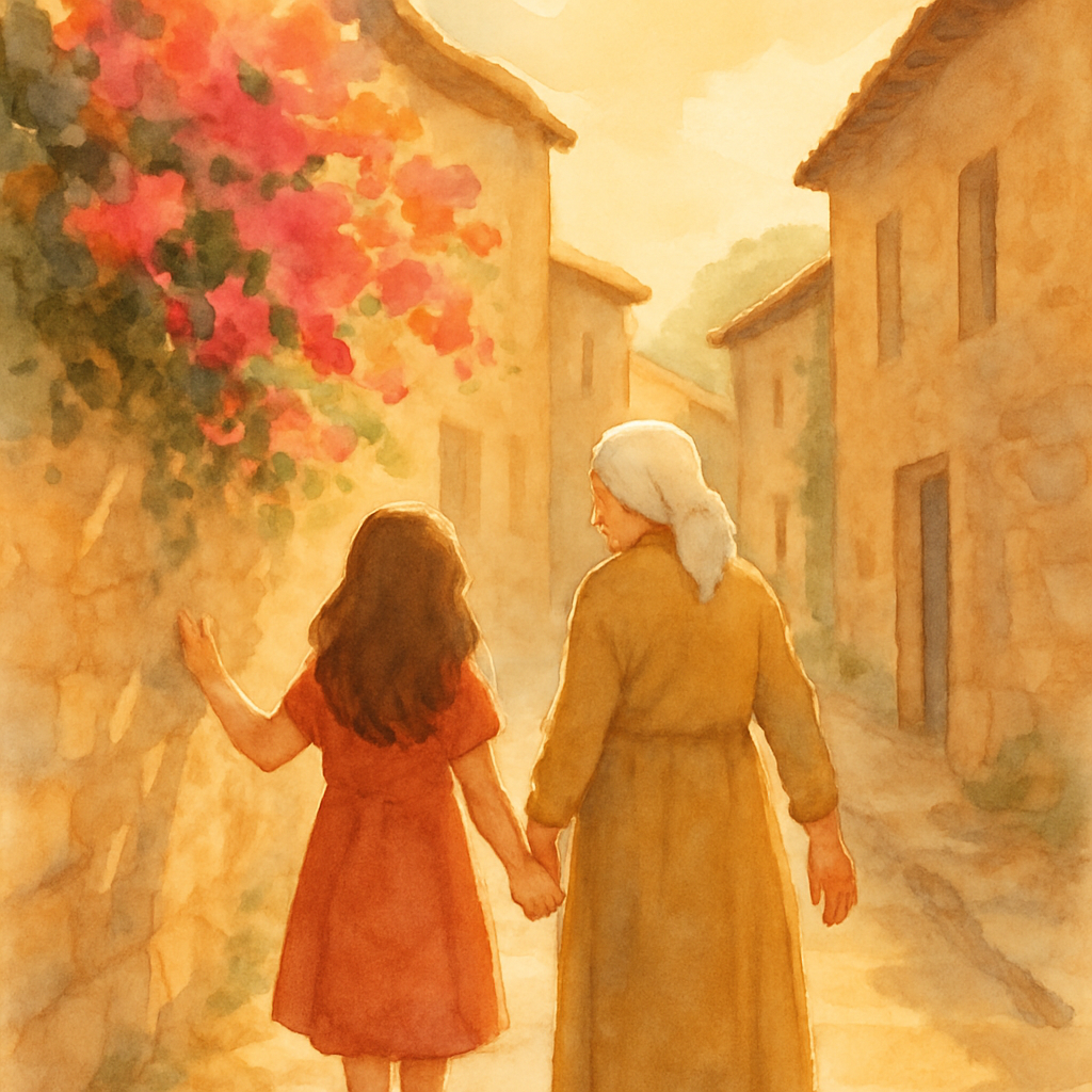Sara and Teta walking together down a narrow village street with old stone houses on either side. Bougainvillea spills over a wall. The late afternoon sun makes everything golden. Teta has one hand tr