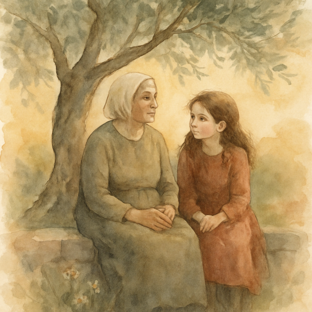 Teta and Sara sitting together on a low stone wall beneath an old olive tree. Teta is looking off into the distance, her hands folded in her lap. Sara watches her face carefully, leaning slightly towa