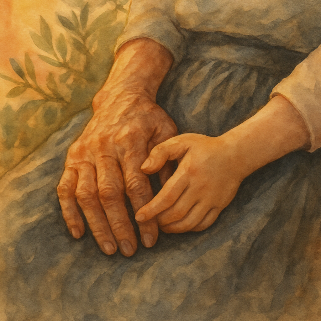 A close-up of Teta's weathered hand and Sara's smaller hand clasped together on the rough fabric of Teta's grey skirt. The light is the last golden light before dusk. In the background, very softly ou
