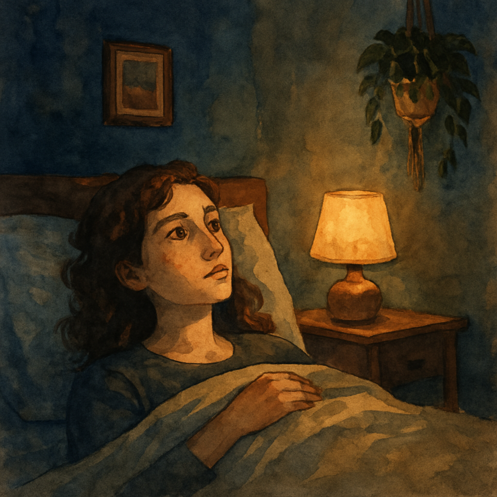 Sara lying awake in her bed at night, looking up at the ceiling, the blanket pulled up to her chest. A small lamp on her bedside table glows softly. On the wall, a small framed photograph (not legible