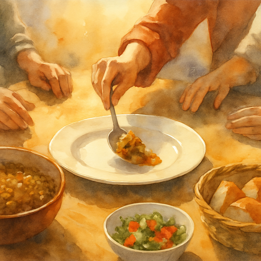 A close-up of Sara's hand carefully placing a spoonful of food onto the previously empty white plate. The other family members' hands and arms are visible around the edges of the frame — all paused, m