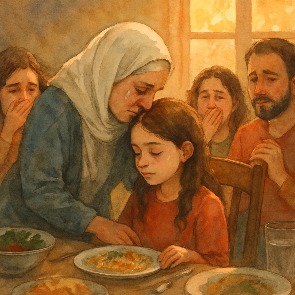 Teta standing beside Sara's chair at the family table, bending down to kiss the top of Sara's head. Teta's eyes are closed, a few quiet tears on her cheek. Sara sits very still, her hand still near Ma