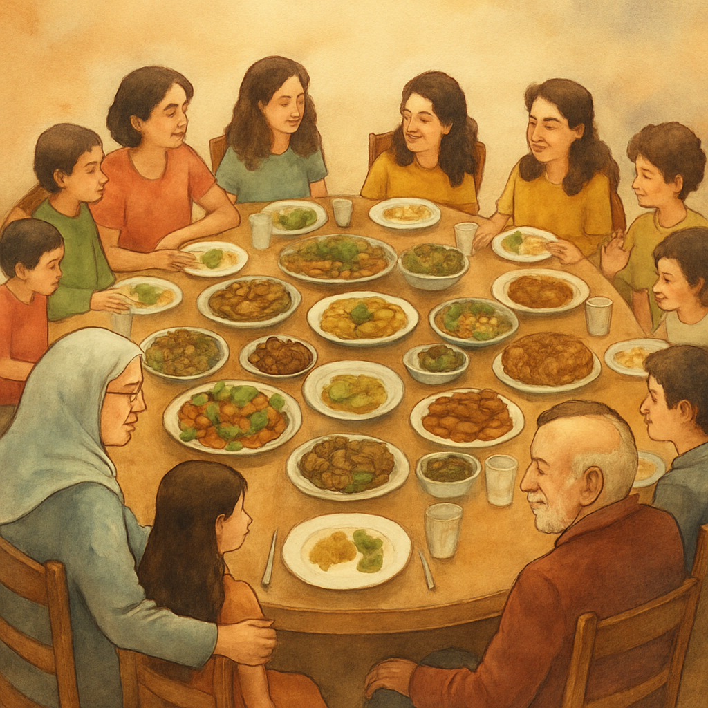 A wide overhead view of the same family Sunday table from the cover — fifteen people, food everywhere — but now the plate at the head of the table, between Teta and Jiddo, has a small portion of food 