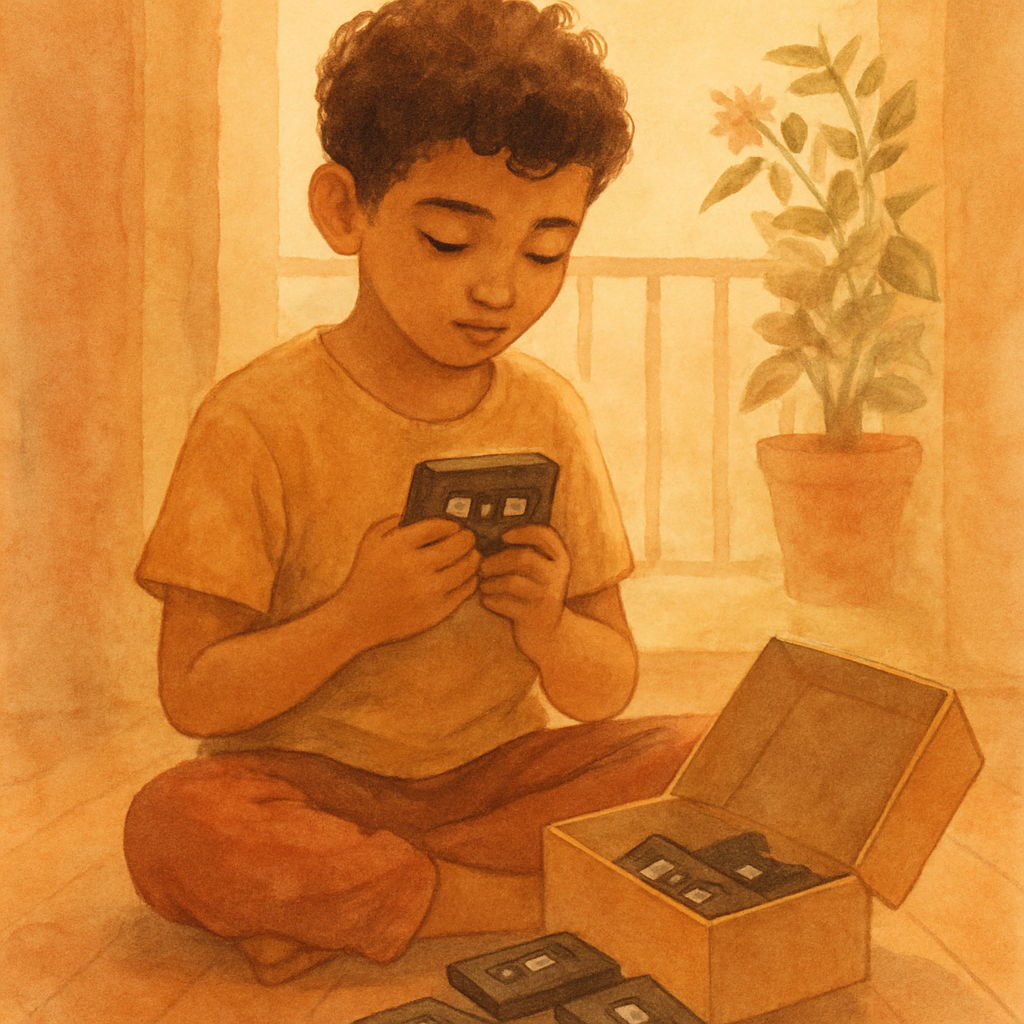 A soft watercolor illustration of a 12-year-old boy with short dark curly hair and warm brown skin, sitting cross-legged on a wooden floor. In front of him, an open shoebox tilted on its side, with se