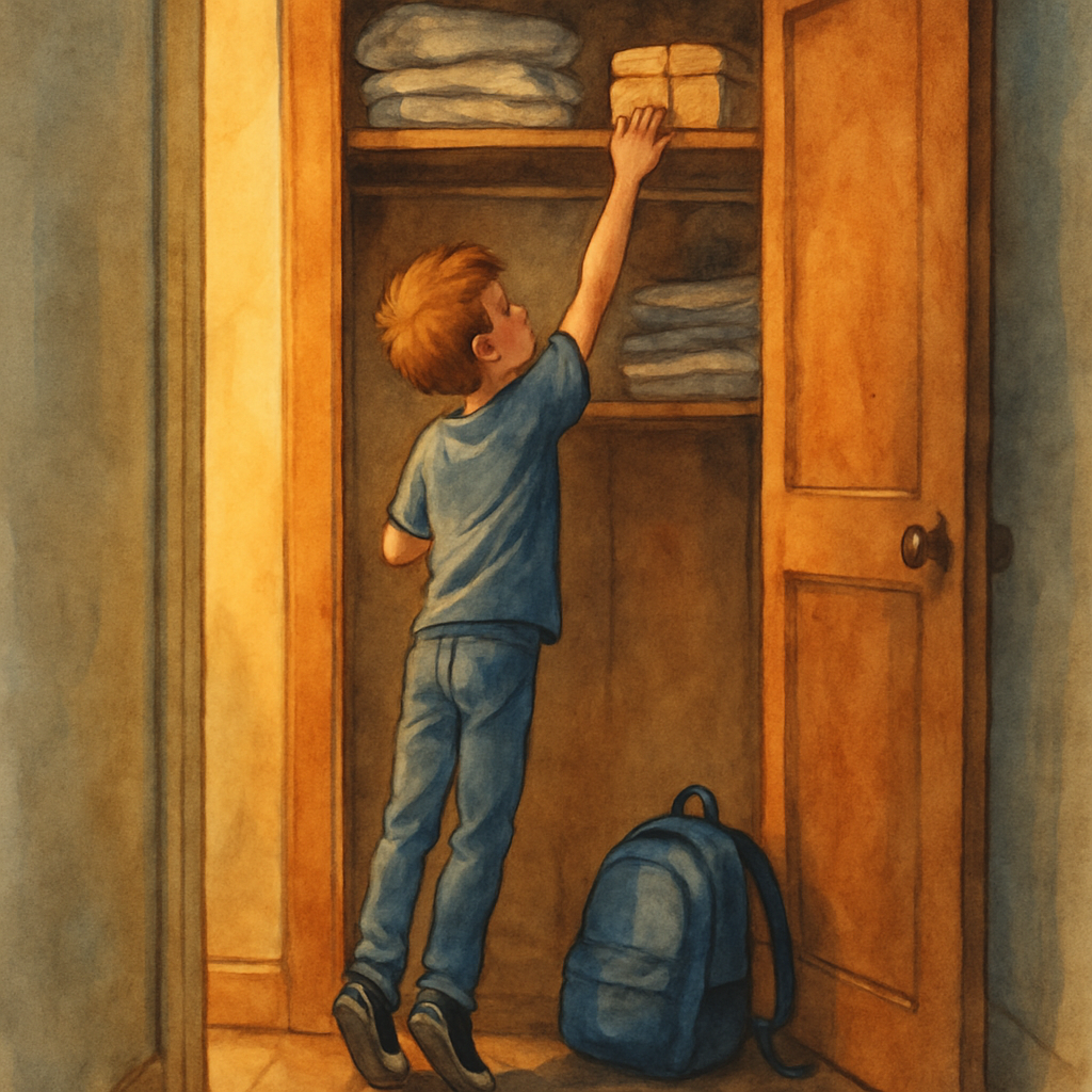 A boy of twelve standing on his toes in a narrow hallway, reaching up toward the top shelf of a wooden closet. The closet door is half open. On the shelf above him are folded blankets, a small wooden 