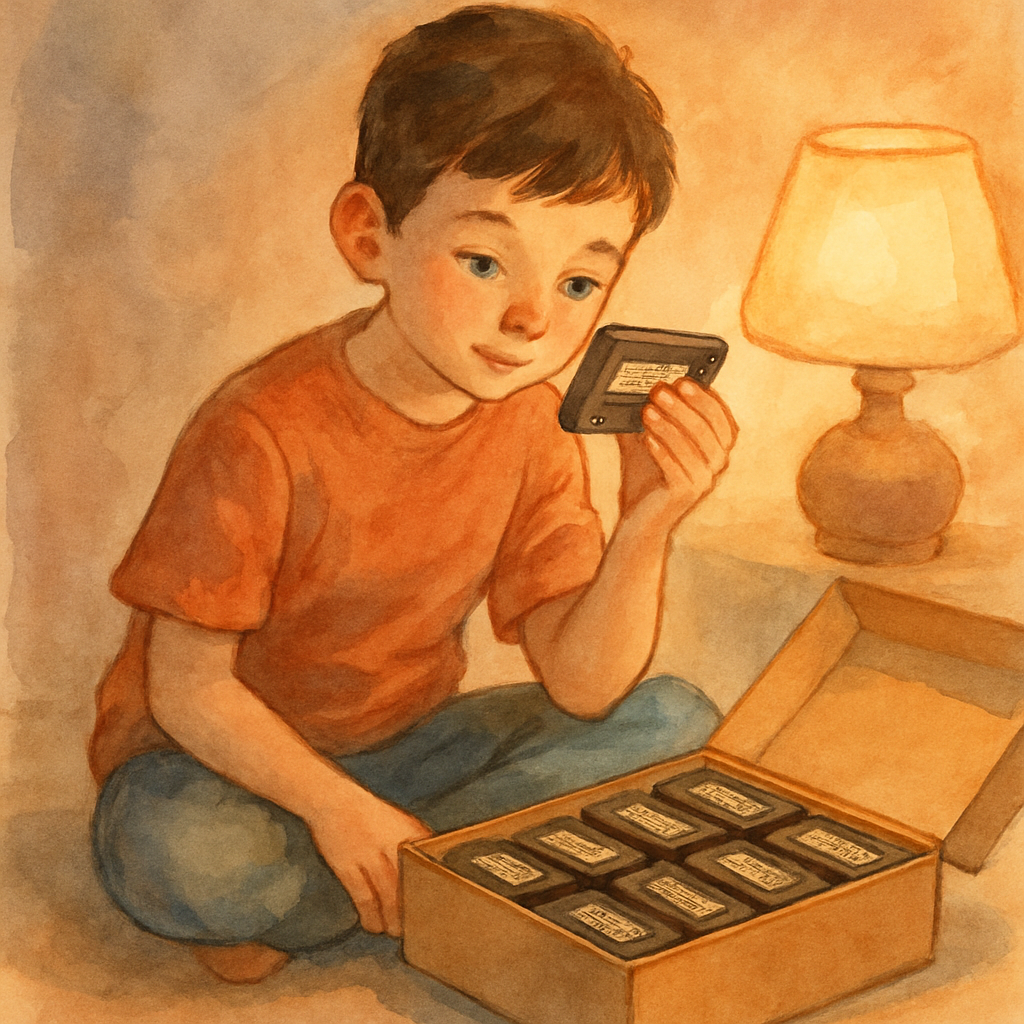A boy sitting on the floor with an open shoebox in front of him. Inside the box, twelve small black cassette tapes arranged in neat rows, each with a handwritten label in Arabic script (suggested, not