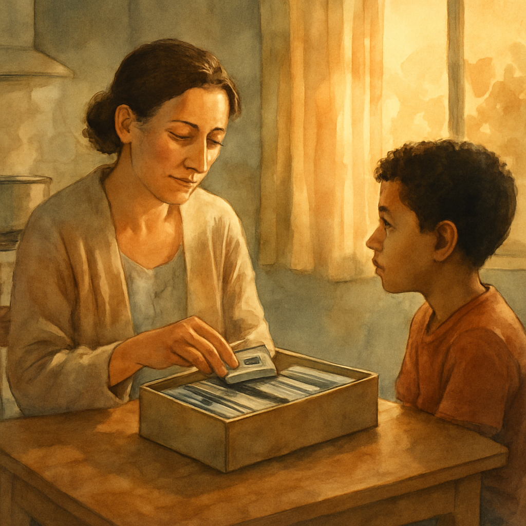 A mother and son at a small wooden kitchen table. Between them, the open shoebox of cassettes. The mother — a woman in her forties with hair tied back, wearing a soft beige cardigan — is touching one 