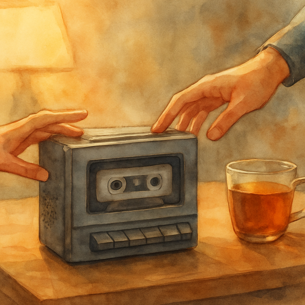 A close-up of a vintage grey cassette player on a low coffee table, a tape inside it, the wheels of the cassette turning. A mother's hand and a boy's hand are both reaching toward it from different si