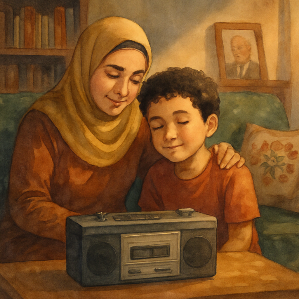 A mother and son sitting close together on a worn green couch, both leaning slightly toward an old cassette player on the table in front of them. The mother has one hand on her son's shoulder. Karim's