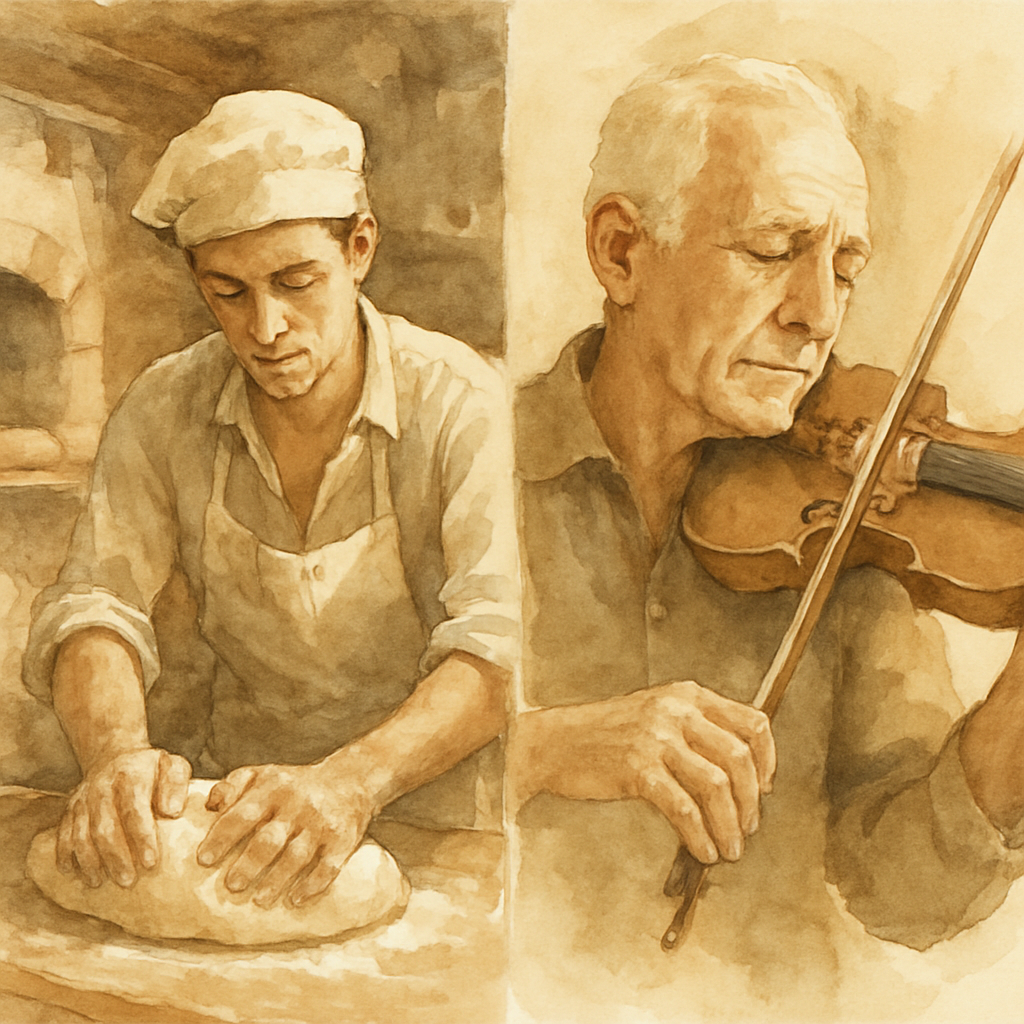 A split-style watercolor image — on one side, a younger version of the grandfather as a young man, hands dusted with flour, kneading dough at a wooden table in a rustic village bakery. On the other si
