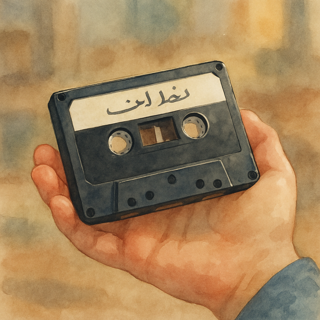 A close-up of a single black cassette tape resting on an open palm. The handwritten label is visible, the Arabic script suggested but not fully legible. The hand holding it is the boy's — small, caref