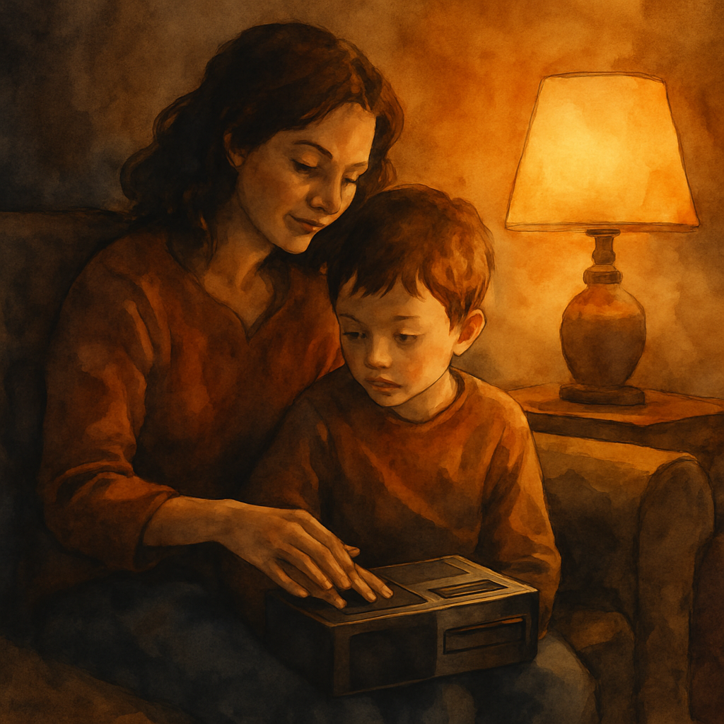 A boy and his mother on a couch, lit by a single warm lamp. The boy's hand rests on the cassette player, his fingers hovering near a button. The mother's hand is over his, gentle and steady. The boy's